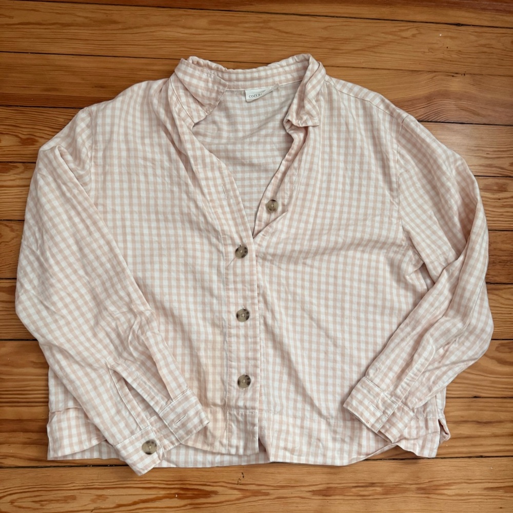Salmon and White Gingham Button-Up Shirt
